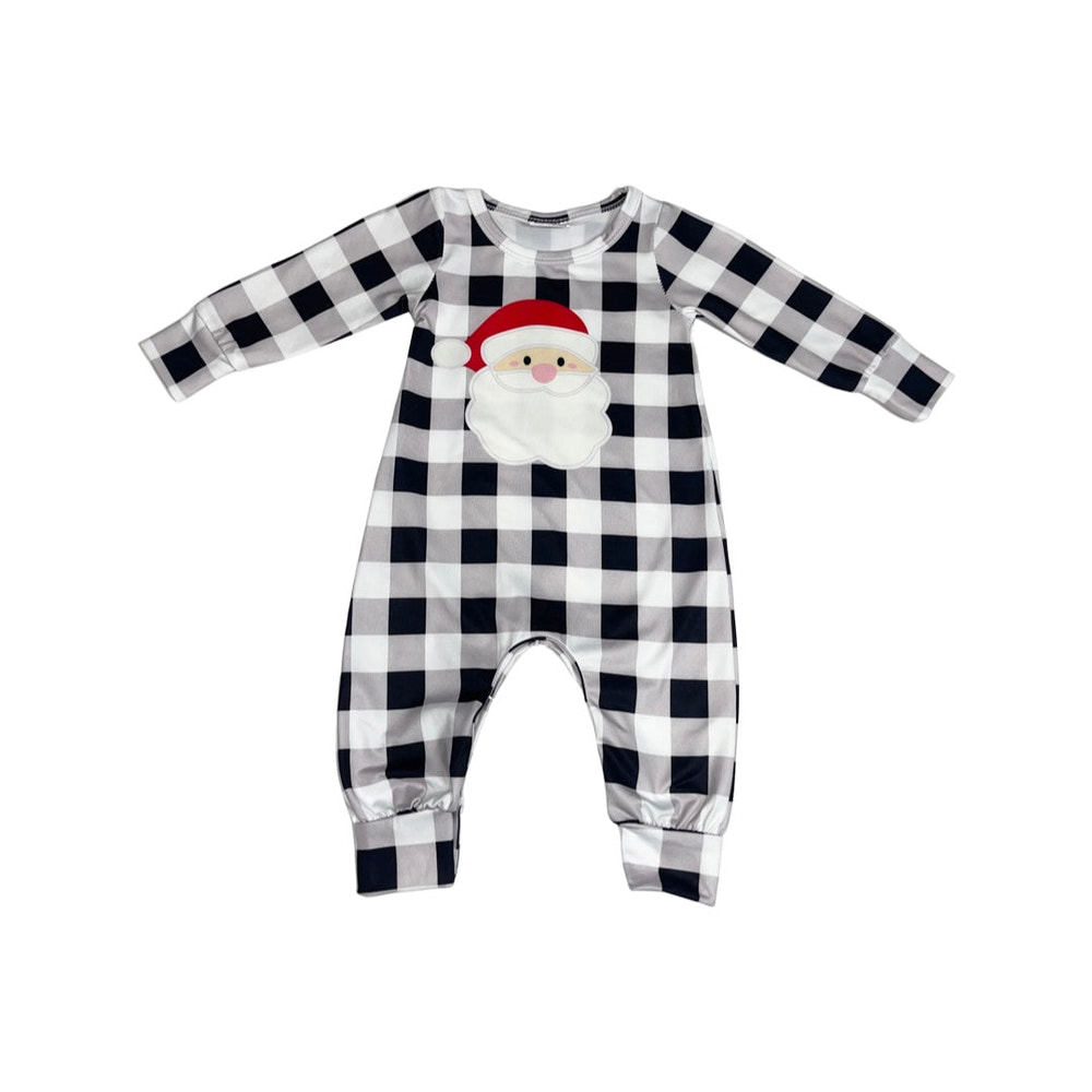 Checkered Santa romper for babies, festive design perfect for holiday celebrations.