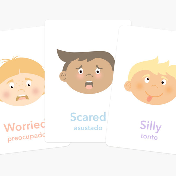 "Emotions Flashcards for babies, promoting early learning and sensory play, displayed at an angle."