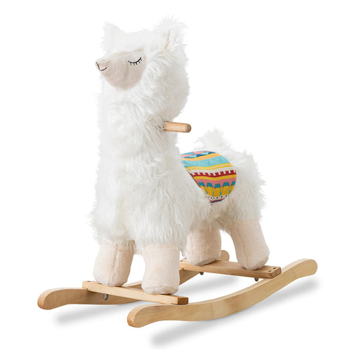 JOON Lola Shaggy Hair Ride-On Llama Rocking Horse with sound effects, white, perfect for playful baby adventures.