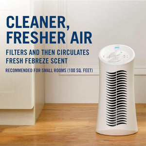 Febreze HEPA-Type Small Room Mini Tower Air Purifier in white, angled view showcasing design and features.