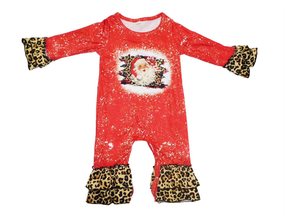 Bleached leopard Santa romper for babies, perfect for festive holiday outfits.