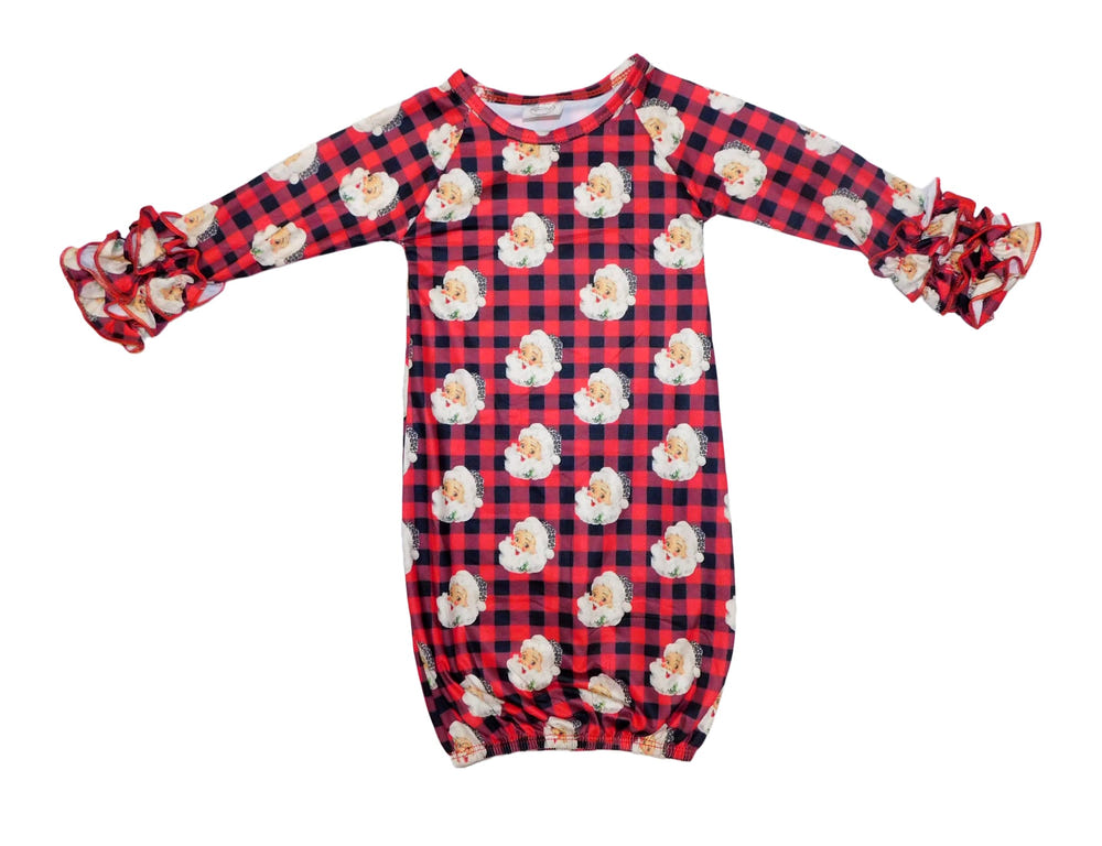 Buffalo plaid leopard Santa ruffle gown for babies, perfect for festive occasions and holiday celebrations.
