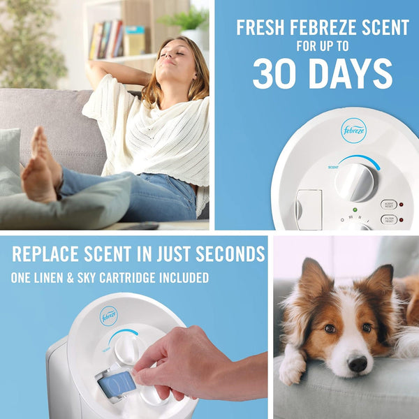 Febreze HEPA-Type Mini Tower Air Purifier for small rooms, white, angled view showcasing sleek design and functionality.