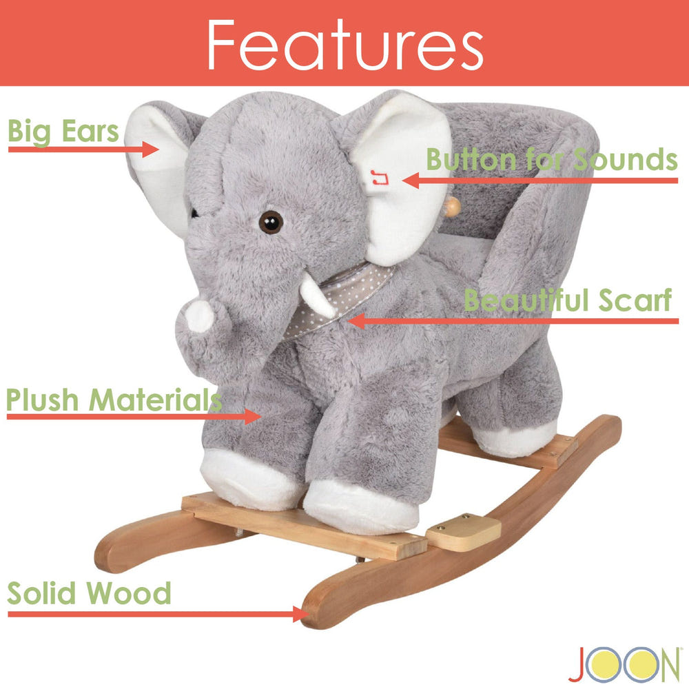 Gray-white JOON Olli Ride-On Rocking Horse Elephant with scarf, perfect for baby playtime and nursery decor.