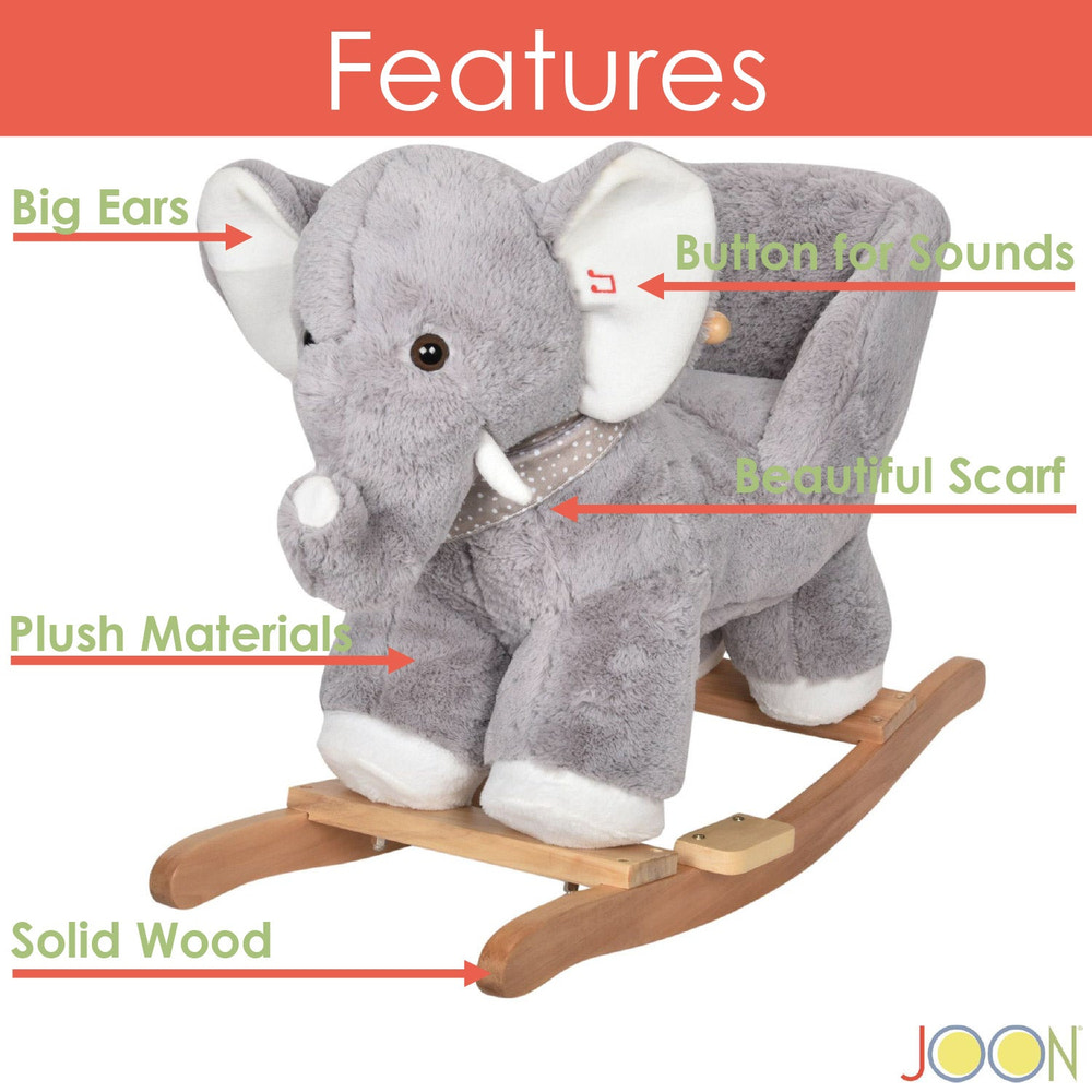 Gray-white JOON Olli Ride-On Rocking Horse Elephant with scarf, perfect for baby playtime and nursery decor.