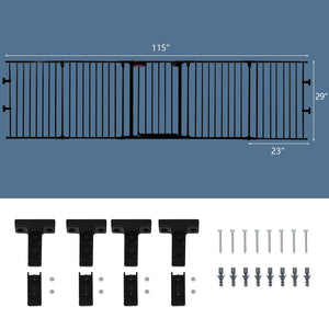 Adjustable 5-panel fireplace fence for pets, 115 inches long, shown from angle 4. Safe and stylish barrier for your home.