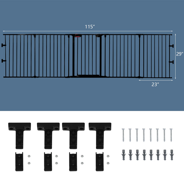 Adjustable 5-panel fireplace fence for pets, 115 inches long, shown from angle 4. Safe and stylish barrier for your home.