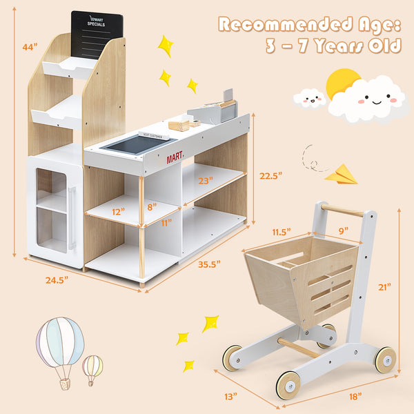 Kids Grocery Store Playset Wooden Pretend Play Supermarket with Shopping Cart