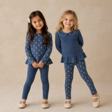Organic Collar Peplum Top Set of 2 - Indigo Blossom + Navy