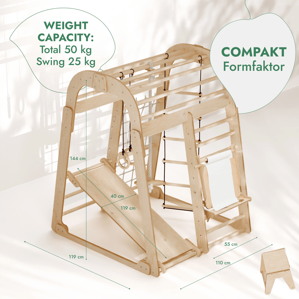 Indoor 7in1 playground for children with swings, slide board, and art set, perfect for indoor playtime fun.