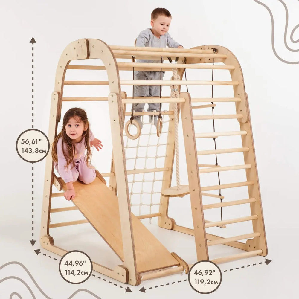 Indoor wooden playground set for kids featuring swings, slide, and 6-in-1 play options. Safe and fun for toddlers.
