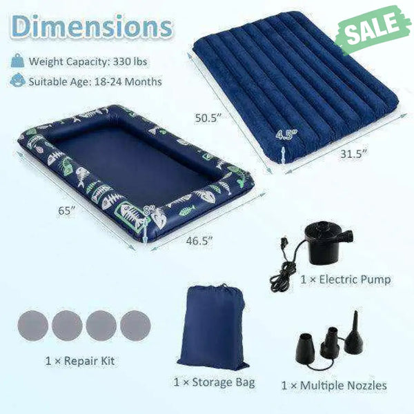 Inflatable Toddler Travel Bed with Electric Pump and Raised Bed Rails-Blue Blue Toddler Beds