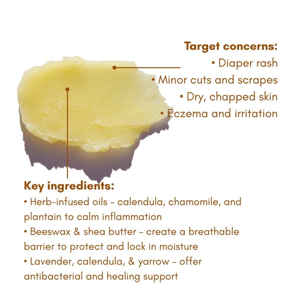 Natural baby balm for gentle skincare, soothing and protecting delicate skin.