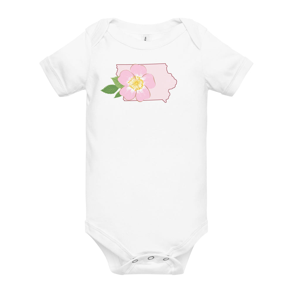 Iowa Prairie Rose Short Sleeve Onesie for babies, featuring a charming floral design. Perfect for comfort and style.