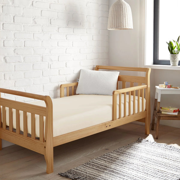 Cooling bamboo crib fitted sheet in angle view, perfect for a comfortable baby sleep environment.
