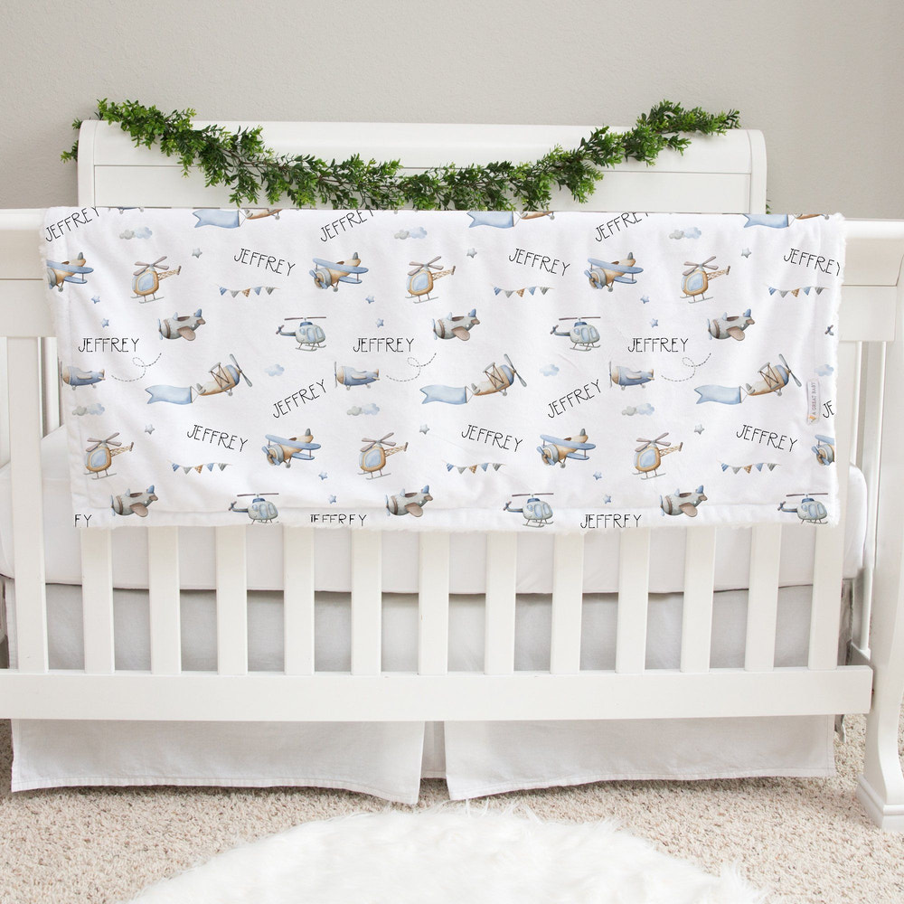 Personalized Baby Blanket – Airplanes Deluxe Minky Infant Blanket with Custom Name | Cozy, Plush Gift