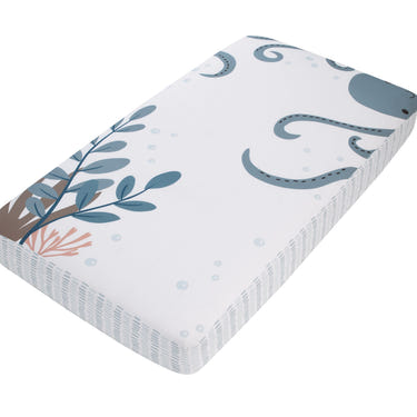 Explore Dream Discover Light Blue, Navy, and White Octopus 100% Cotton Nursery Photo Op Fitted Crib Sheet