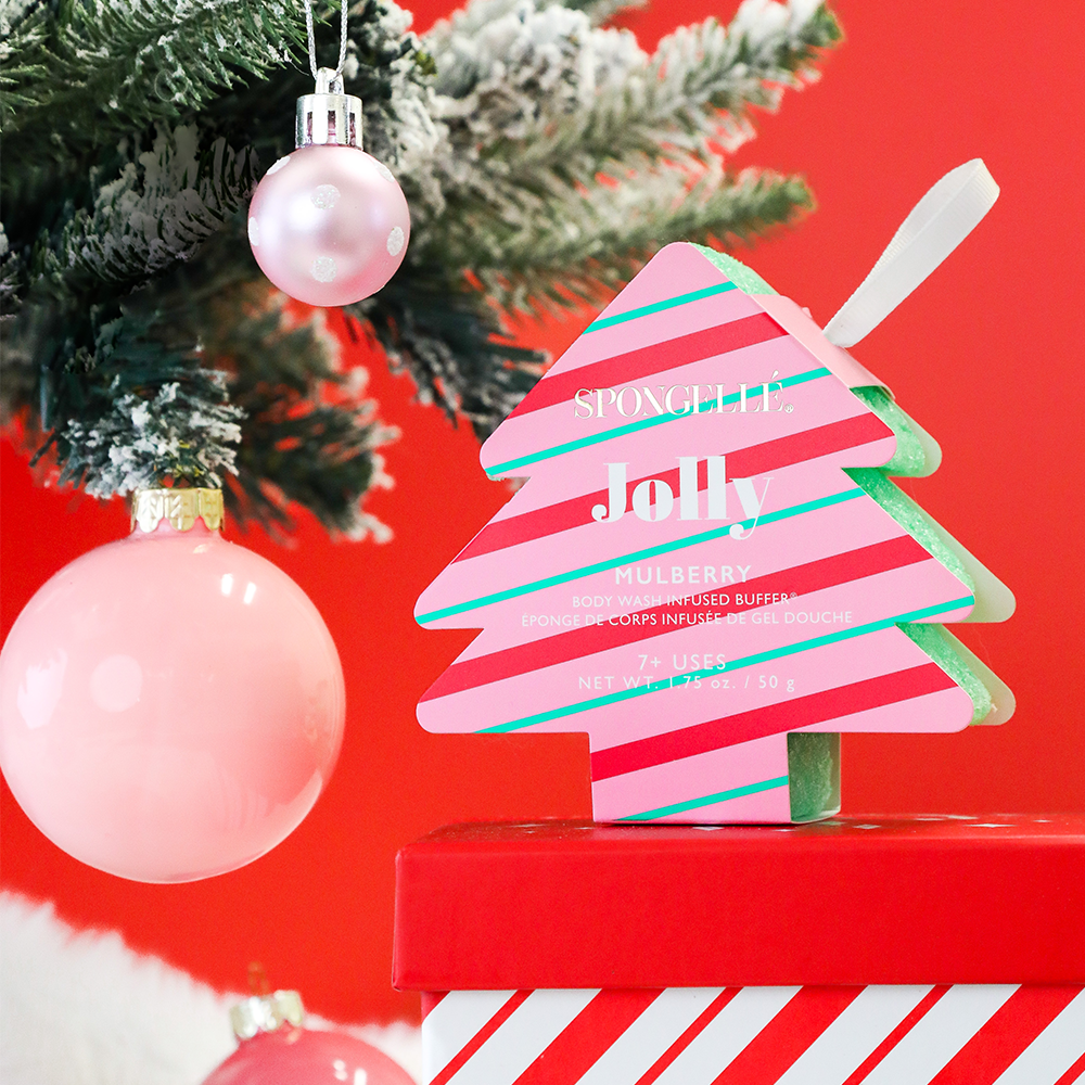 Jolly Mulberry Holiday Tree Body Wash Infused Buffer for a festive bathing experience.