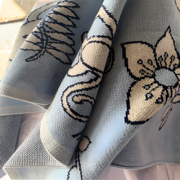 Jungle Animals Blue Knitted Cotton Baby Blanket