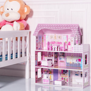 28 Inch Pink Dollhouse with Furniture - Indoor & Outdoor for Kids