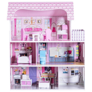 28 Inch Pink Dollhouse with Furniture - Indoor & Outdoor for Kids