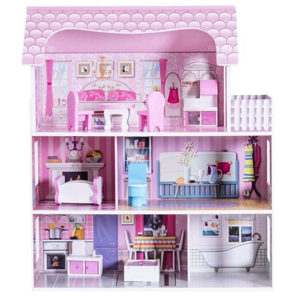 28 Inch Pink Dollhouse with Furniture - Indoor & Outdoor for Kids