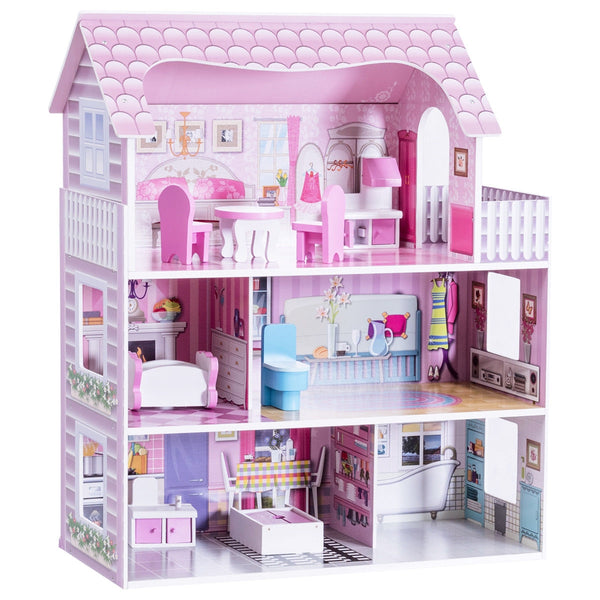 28 Inch Pink Dollhouse with Furniture - Indoor & Outdoor for Kids
