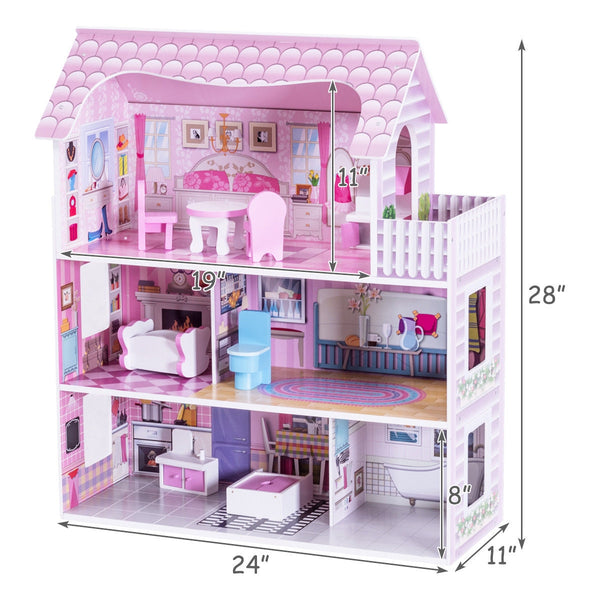 28 Inch Pink Dollhouse with Furniture - Indoor & Outdoor for Kids