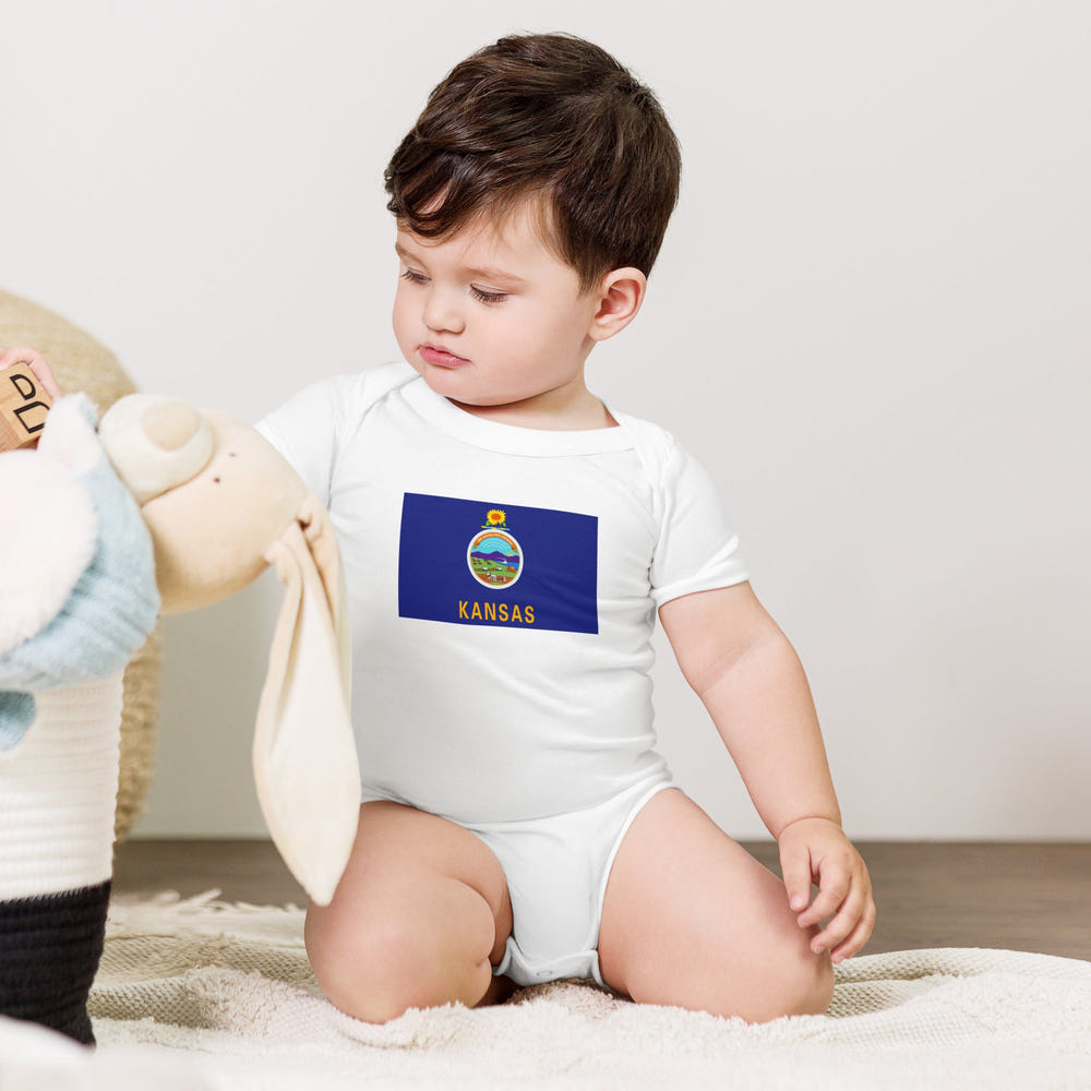 Kansas Flag Baby Onesie - Cute short sleeve bodysuit for infants featuring the Kansas state flag design.