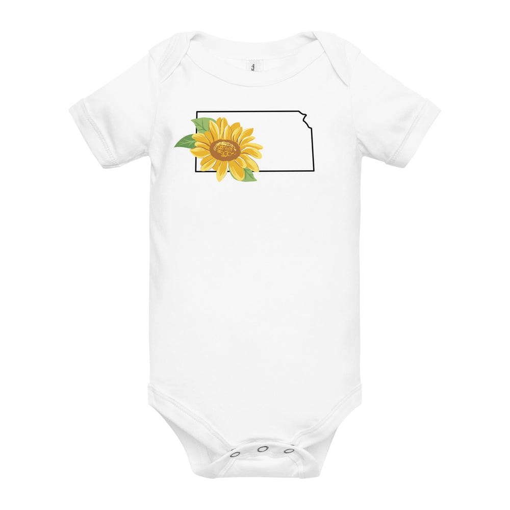 Kansas Sunflower Baby Onesie - Cute short sleeve bodysuit for infants featuring a vibrant sunflower design.