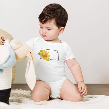 Kansas Sunflower Baby Onesie - Cute short sleeve bodysuit for infants featuring a vibrant sunflower design.