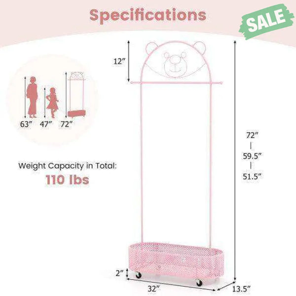 Kid Clothes Rack with 3 Adjustable Heights and Wheels-Pink