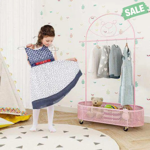 Kid Clothes Rack with 3 Adjustable Heights and Wheels-Pink