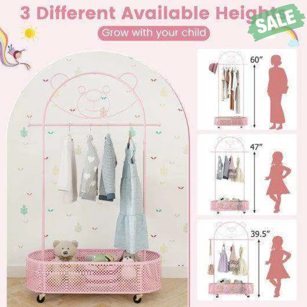 Kid Clothes Rack with 3 Adjustable Heights and Wheels-White White Kids Storage