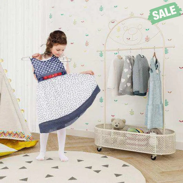 Kid Clothes Rack with 3 Adjustable Heights and Wheels-White White Kids Storage