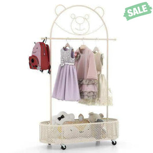 Kid Clothes Rack with 3 Adjustable Heights and Wheels-White White Kids Storage