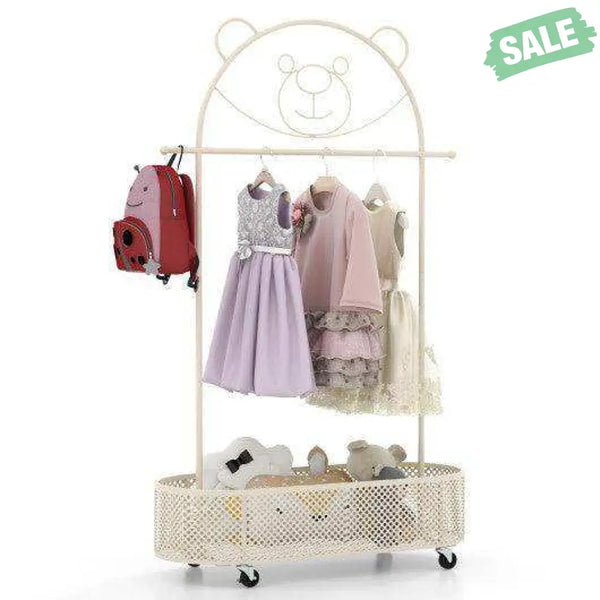 Kid Clothes Rack with 3 Adjustable Heights and Wheels-White White Kids Storage