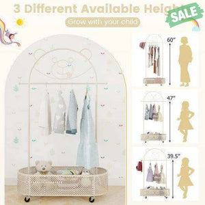 Kid Clothes Rack with 3 Adjustable Heights and Wheels-White White Kids Storage