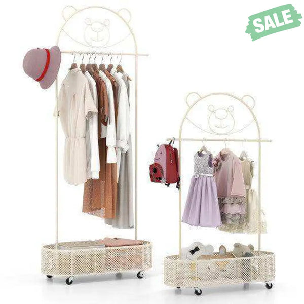 Kid Clothes Rack with 3 Adjustable Heights and Wheels-White White Kids Storage