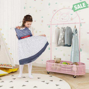 Kid Clothes Rack with 3 Adjustable Heights and Wheels-White White Kids Storage