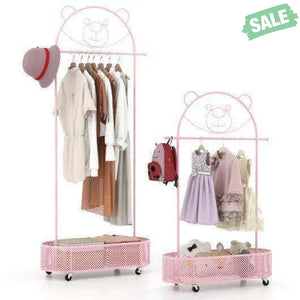 Kid Clothes Rack with 3 Adjustable Heights and Wheels-White White Kids Storage