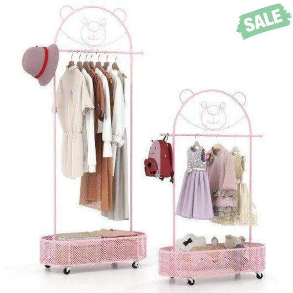 Kid Clothes Rack with 3 Adjustable Heights and Wheels-White White Kids Storage