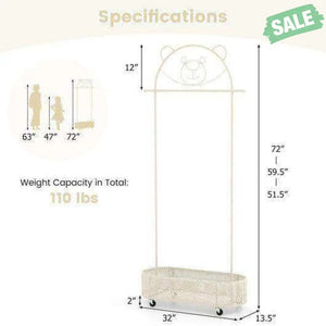 Kid Clothes Rack with 3 Adjustable Heights and Wheels-White White Kids Storage