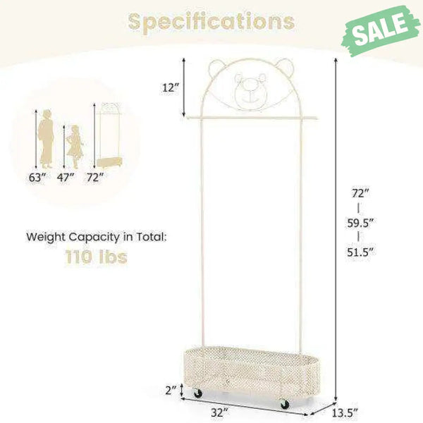 Kid Clothes Rack with 3 Adjustable Heights and Wheels-White White Kids Storage