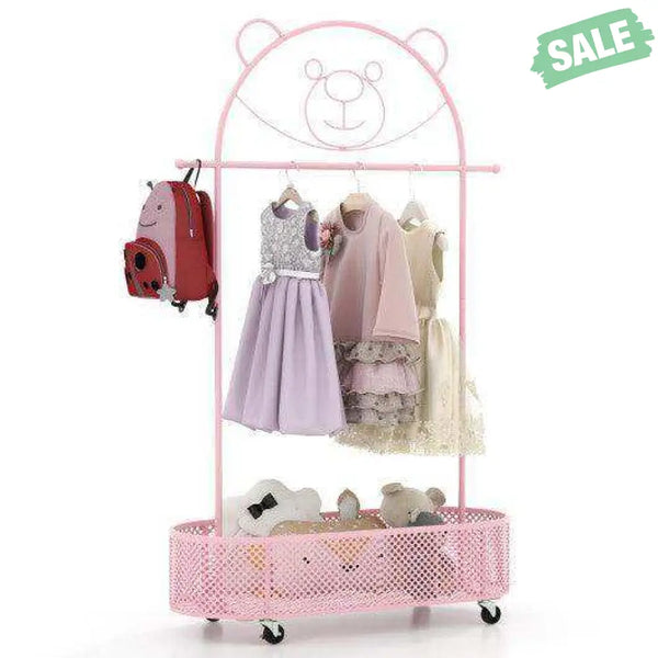 Kid Clothes Rack with 3 Adjustable Heights and Wheels-White White Kids Storage