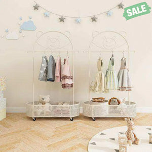Kid Clothes Rack with 3 Adjustable Heights and Wheels-White White Kids Storage