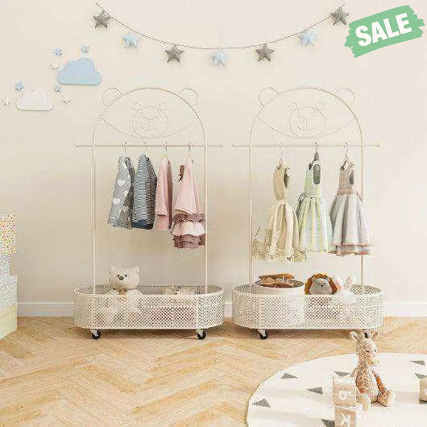 Kid Clothes Rack with 3 Adjustable Heights and Wheels-White White Kids Storage
