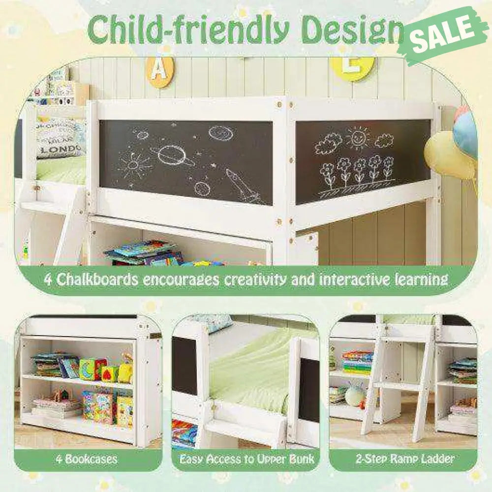 Twin Low Loft Bed Chalkboard Ramp Ladder Bookcases