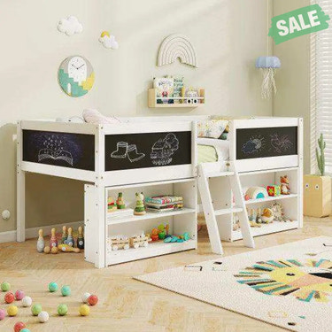 Kid Twin Size Low Loft Bed with Chalkboard Ramp Ladder and Bookcases-White White Toddler Beds