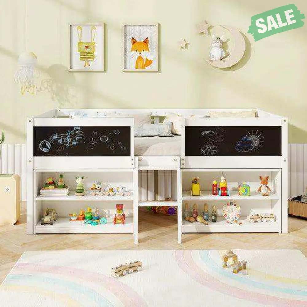 Kid Twin Size Low Loft Bed with Chalkboard Ramp Ladder and Bookcases-White White Toddler Beds